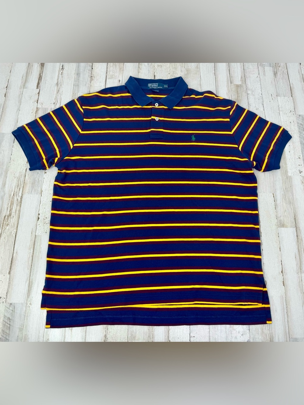 Vintage 90s Polo Ralph Lauren Shirt Mens XXL Blue Yellow Striped Green Pony